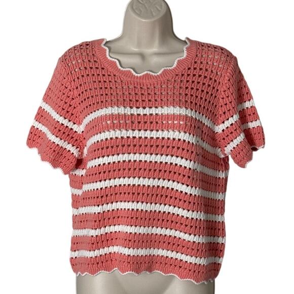 NWT GAP Womens Crochet Short Sleeve Sweater Top Pink White Stripe Size M - Picture 3 of 9